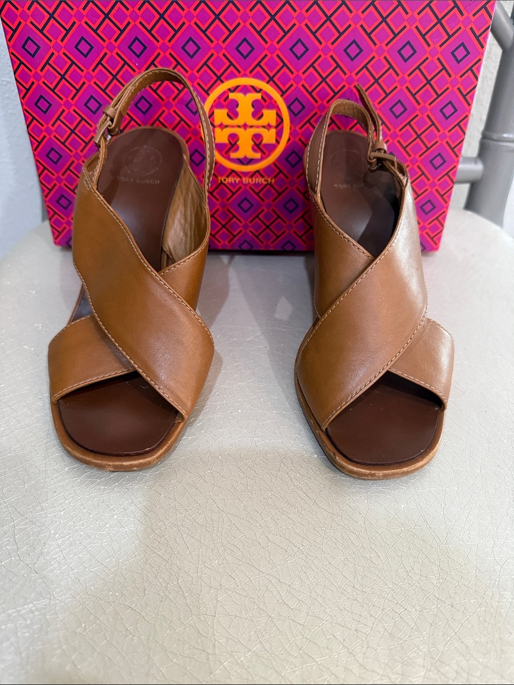Tory Burch Tan Leather Crisscross Wedge Sandals